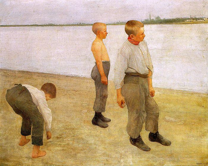 Karoly Ferenczy Boys Throwing Pebbles into the River Sweden oil painting art
